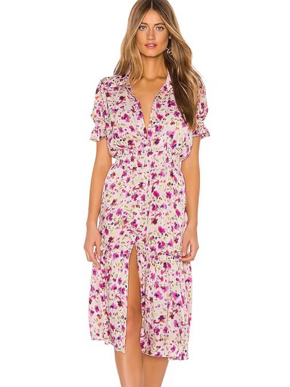 Misa Los Angeles Cream Floral Midi Dress with Pink & Purple Accents